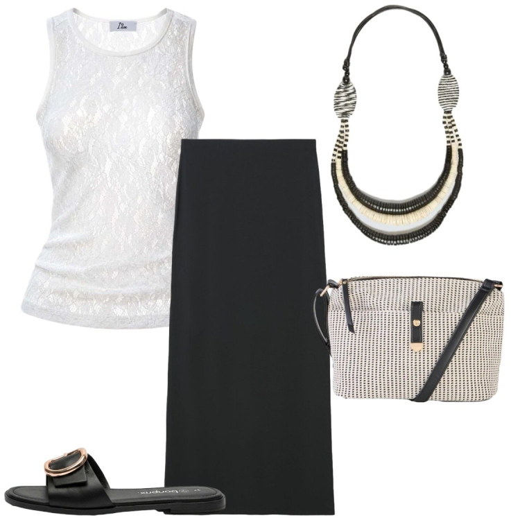 Outfit donna - Basta poco #I am & Terranova. Stile Chic per Tutti i giorni. Abbinamento con borse a tracolla, ciabatte, top, gonne lunghe, collane.