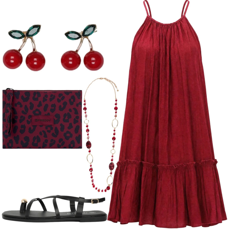 Outfit donna - Summer. Stile Casual per Tutti i giorni. Abbinamento con vestiti corti, blazer, sandali, clutch, collane.