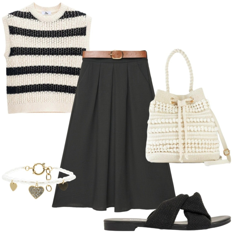 Outfit donna - Torno al mio paese. Stile Chic per Serata fuori. Abbinamento con borse a secchiello, sandali, top, gonne lunghe, braccialetti.