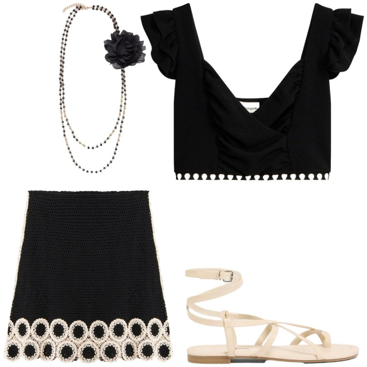 Outfit donna - Taranta tour. Stile Chic per Serata fuori. Abbinamento con gonne, top, sandali, collane.