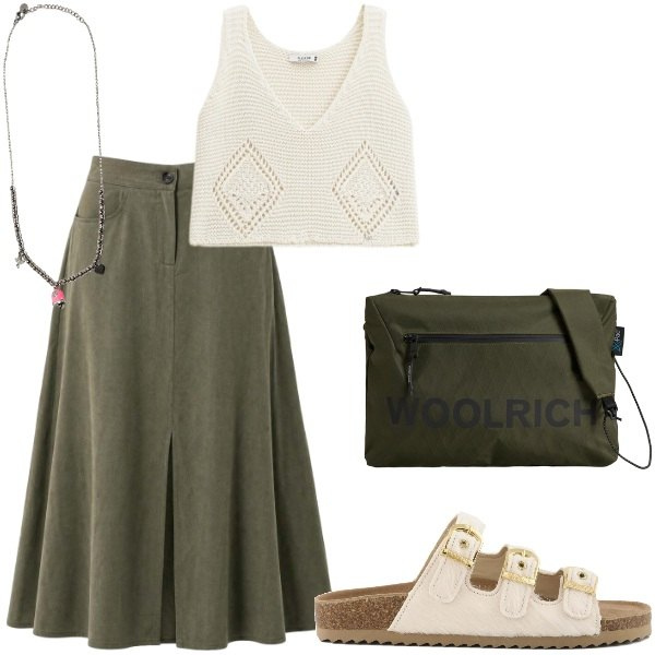 Outfit donna - Andiamo a fare shopping. Stile Casual per Tutti i giorni. Abbinamento con gonne lunghe, top, ciondoli, borse a tracolla, sandali in pelle.