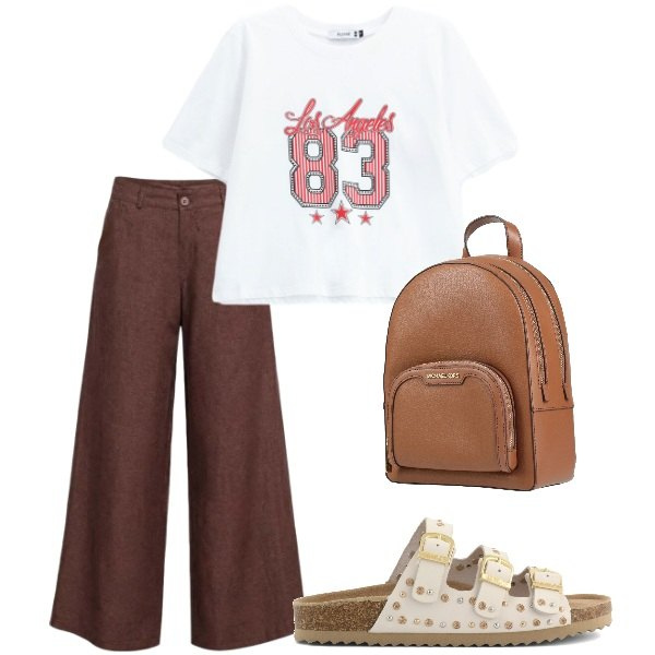 Outfit donna - Andiamo a fare shopping. Stile Casual per Tutti i giorni. Abbinamento con zaini, pantaloni a palazzo, t-shirt, sandali.