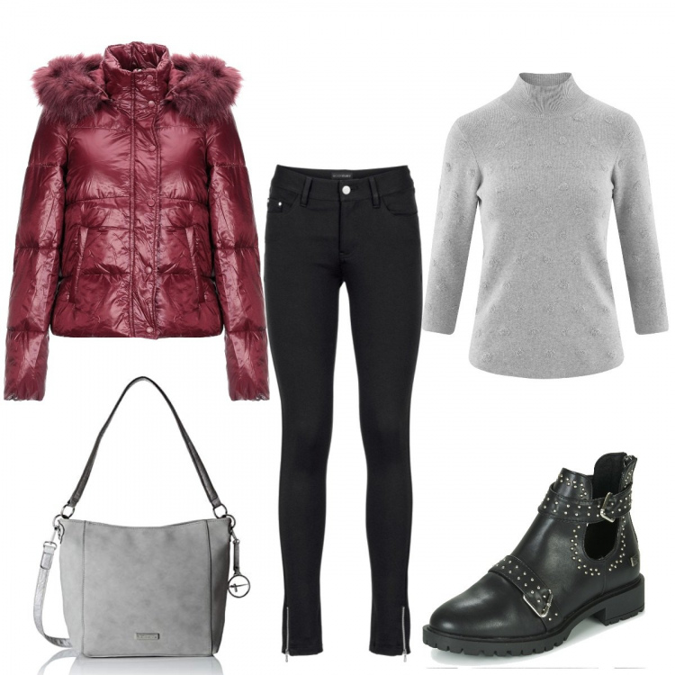 Outfit donna - Piumino rosso. Stile Basic per Tutti i giorni. Abbinamento con pantaloni, giubbino, stivaletti nero, maglione grigio, shopping bag grigio.