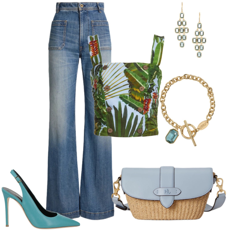 Outfit donna - Frizzantine. Stile Glamour per Serata fuori. Abbinamento con décolleté, top, jeans bootcut, orecchini, braccialetti, borse a spalla.