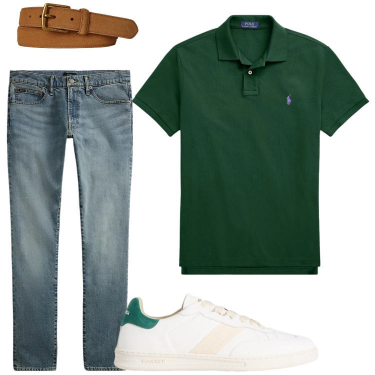 Outfit uomo - Polo verde. Stile Trendy per Serata speciale. Abbinamento con sneakers, jeans, cinture, polo.