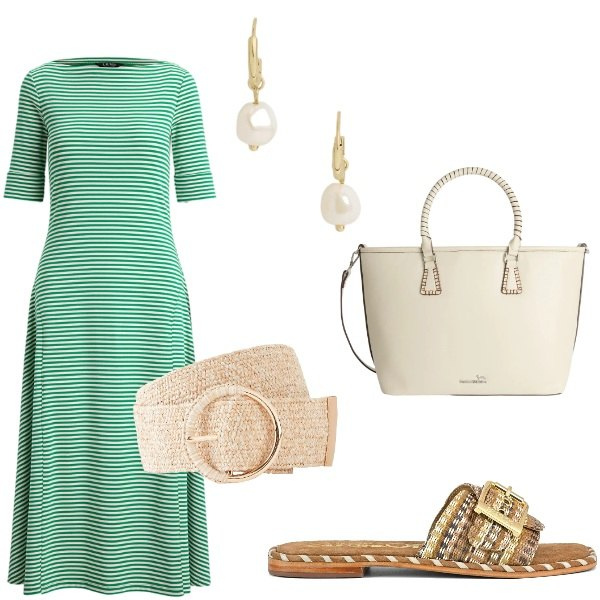 Outfit donna - Aperitivo veloce. Stile Casual per Tutti i giorni. Abbinamento con cinture, shopping bag, vestiti, orecchini, ciabatte.
