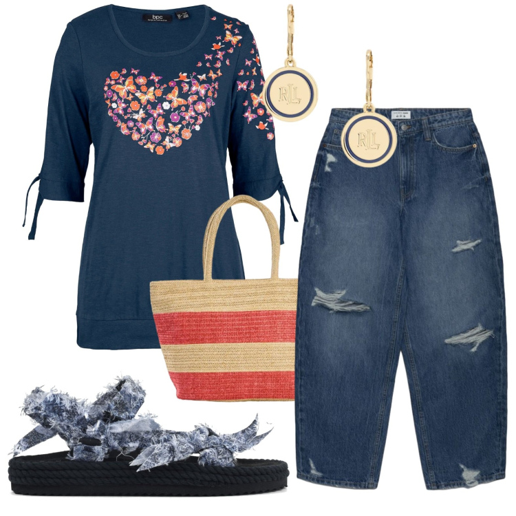 Outfit donna - Sporty chic. Stile Sporty chic per Tutti i giorni. Abbinamento con maglieria, shopping bag, jeans strappati, orecchini, sandali.