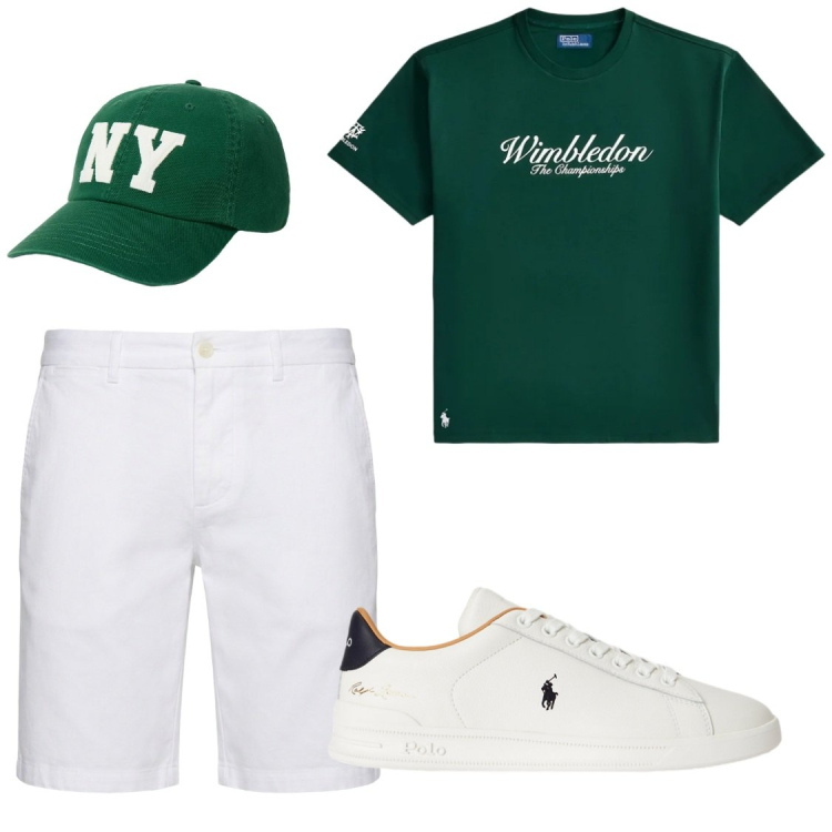 Outfit uomo - A zonzo. Stile Trendy per Tutti i giorni. Abbinamento con bermuda, cappelli con visiera, t-shirt, sneakers.