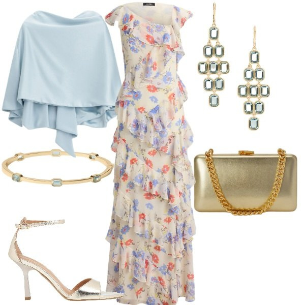 Outfit donna - Matrimonio in vista. Stile Chic per Cerimonia. Abbinamento con sandali in pelle, scialli, clutch, orecchini, braccialetti, vestiti asimmetrici.