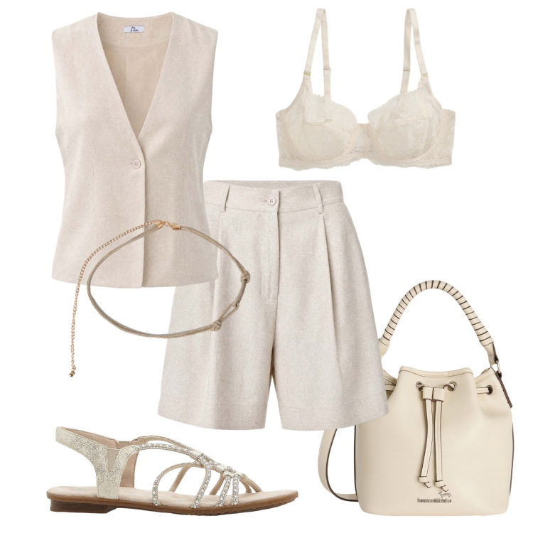 Outfit donna - Lino da mattina a sera. Stile Casual chic per Tutti i giorni. Abbinamento con sandali, borse a secchiello, cinture, reggiseni, gilet, shorts.