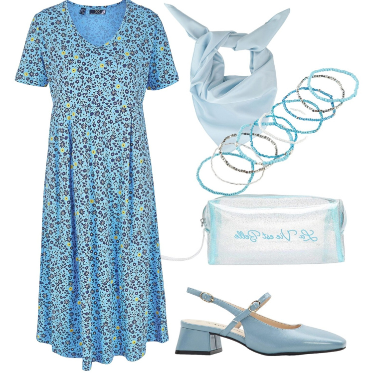 Outfit donna - Azzurro. Stile Casual per Tutti i giorni. Abbinamento con braccialetti, décolleté, vestiti midi/longuette, valigie, foulard.