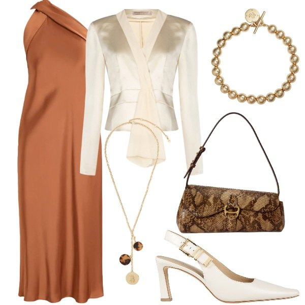Outfit donna - Matrimonio in vista. Stile Chic per Cerimonia. Abbinamento con décolleté, blazer, braccialetti, borse a tracolla, vestiti, collane.