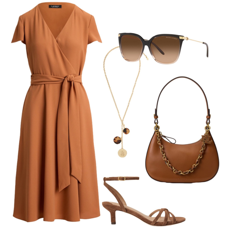 Outfit donna - Colori speziati glam - @pamela. Stile Glamour per Tutti i giorni. Abbinamento con occhiali da sole, sandali col tacco, vestiti, borse a spalla, collane.