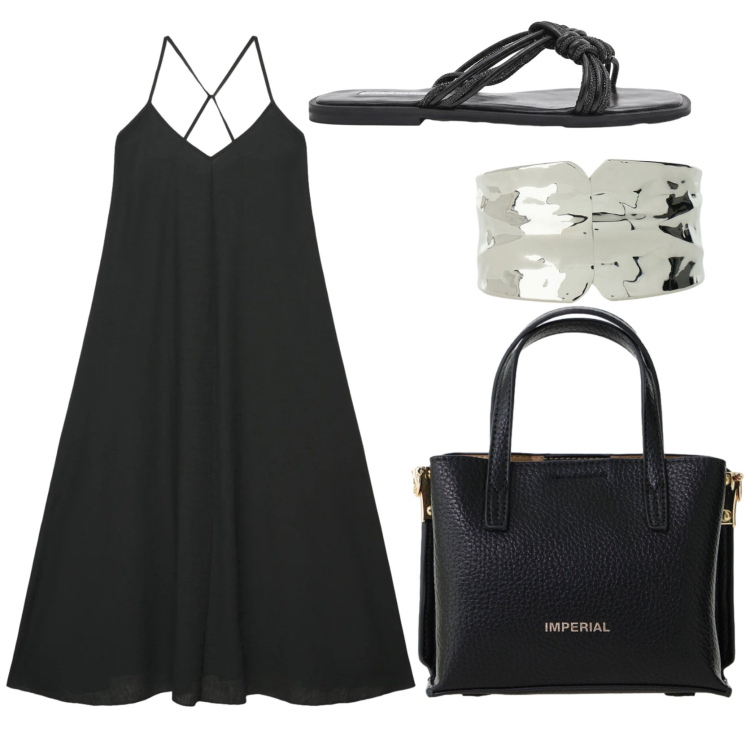 Outfit donna - Stilosa in shift dress. Stile Trendy per Tutti i giorni. Abbinamento con vestiti lunghi, borse a tracolla, braccialetti, sandali.