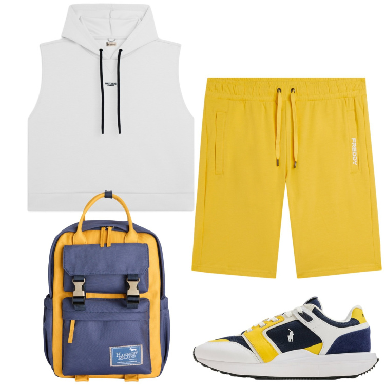 Outfit uomo - Total look #2435362. Stile Trendy per Sport. Abbinamento con borse sportive, pantaloni corti, felpe con cappuccio, sneakers.