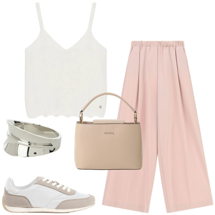 Outfit donna - Total look #2435364. Stile Sporty chic per Tutti i giorni. Abbinamento con sneakers, pantaloni a palazzo, borse a secchiello, braccialetti, maglieria.