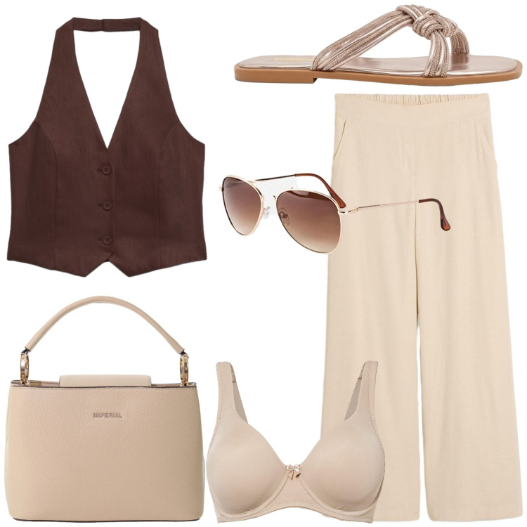 Outfit donna - Il completo trendy. Stile Trendy per Tutti i giorni. Abbinamento con reggiseni, pantaloni a palazzo, occhiali da sole, gilet, borse a secchiello, sandali.