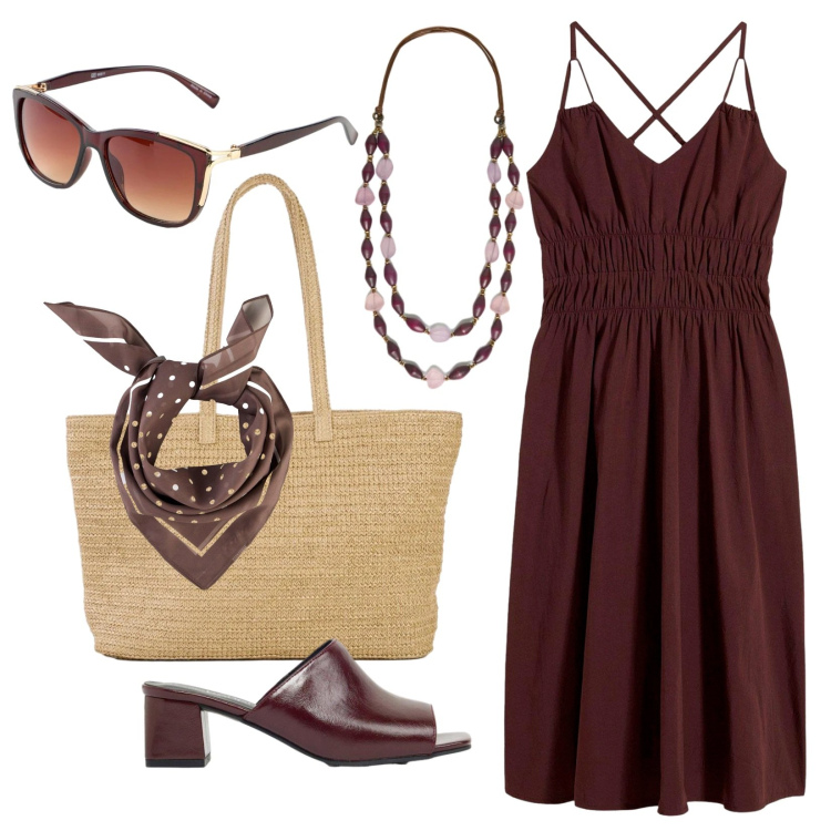 Outfit donna - Estate al cioccolato. Stile Casual chic per Tutti i giorni. Abbinamento con vestiti, foulard, ciabatte, shopping bag, occhiali da sole, collane.