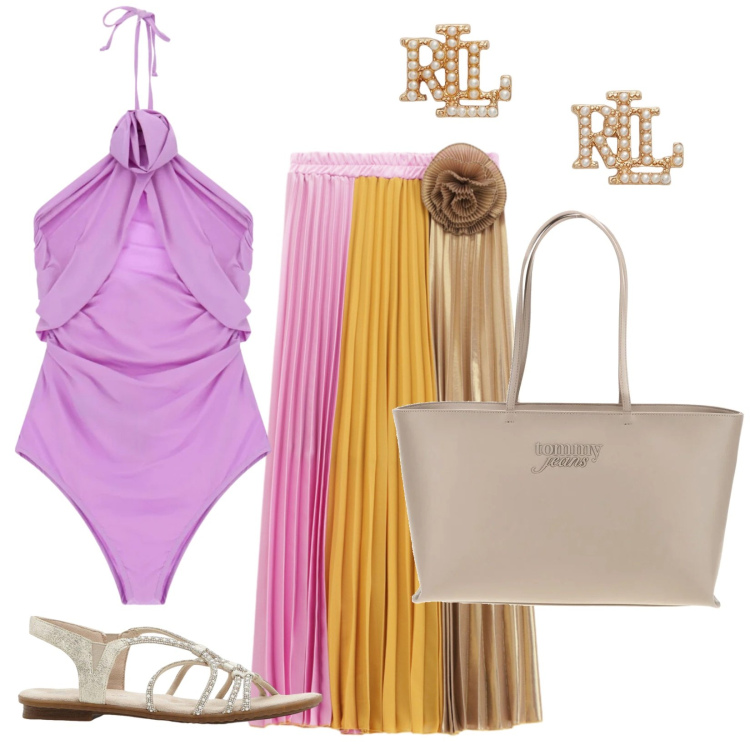 Outfit donna - Festa in piscina. Stile Glamour per Mare. Abbinamento con sandali, costumi interi, gonne lunghe, orecchini, borse a spalla.
