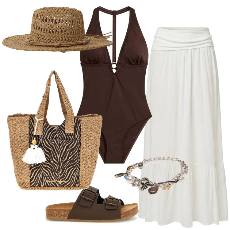 Outfit donna - Costume intero mon amour. Stile Boho per Mare. Abbinamento con costumi interi, cappelli, collane, gonne lunghe, borse a spalla, ciabatte.