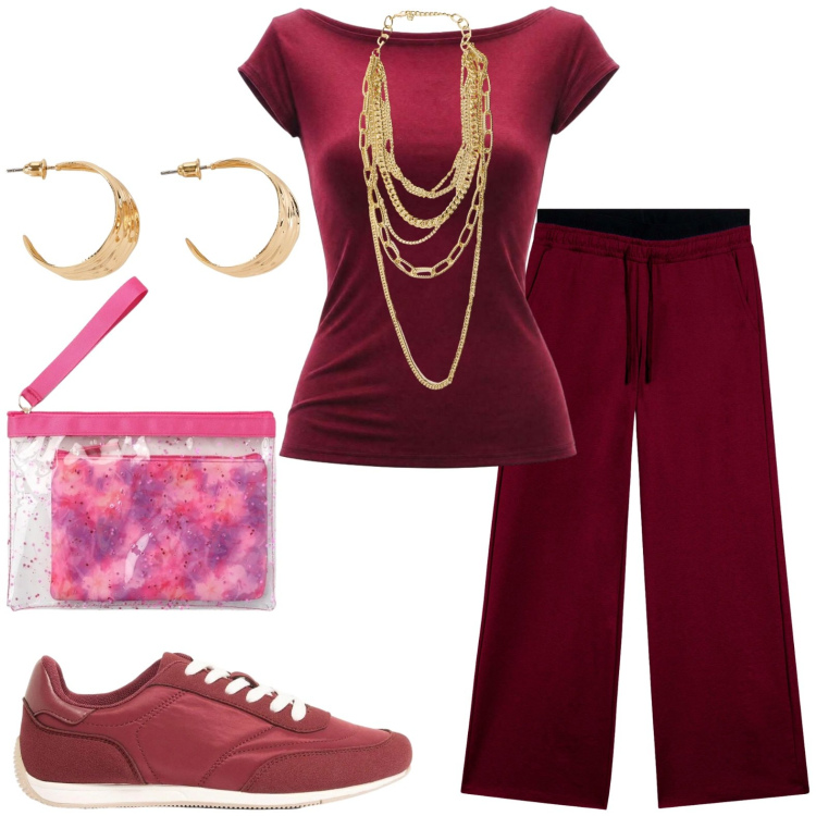 Outfit donna - Casual. Stile Casual per Tutti i giorni. Abbinamento con sneakers, orecchini, top, pochette, pantaloni, collane.