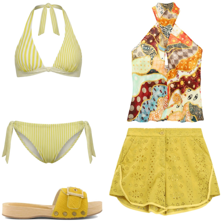Outfit donna - Sun, swim & style. Stile Basic per Tutti i giorni. Abbinamento con bikini, shorts, top, ciabatte.