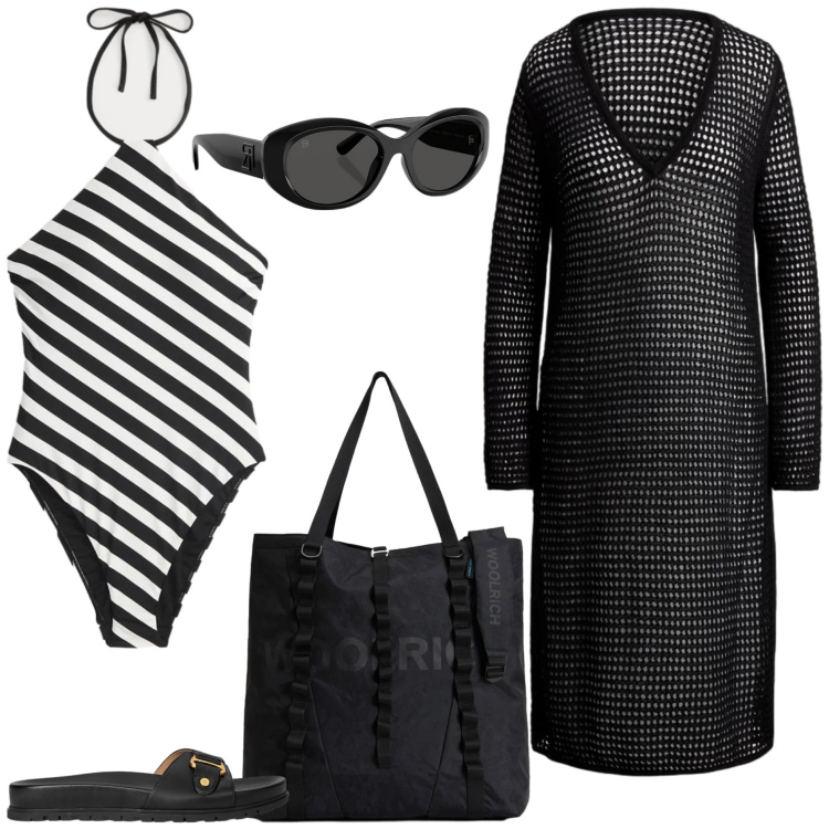 Outfit donna - Aperitivo in spiaggia. Stile Chic per Tutti i giorni. Abbinamento con borse tote, occhiali da sole, ciabatte, costumi interi, vestiti da spiaggia.