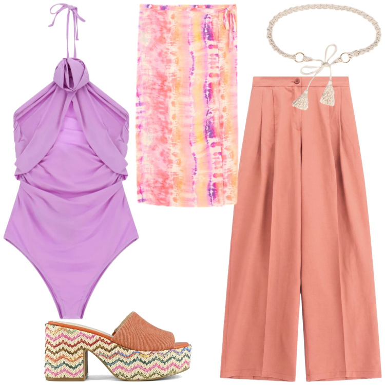 Outfit donna - I colori del tramonto. Stile Trendy per Tutti i giorni. Abbinamento con costumi interi, pantaloni a palazzo, vestiti da spiaggia, cinture, sandali col tacco.