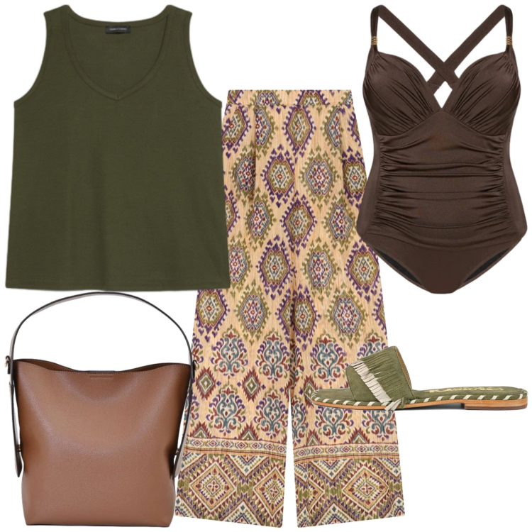 Outfit donna - Etnico chic. Stile Etnico per Tutti i giorni. Abbinamento con borse a mano, costumi interi, canottiere, pantaloni a palazzo, ciabatte.