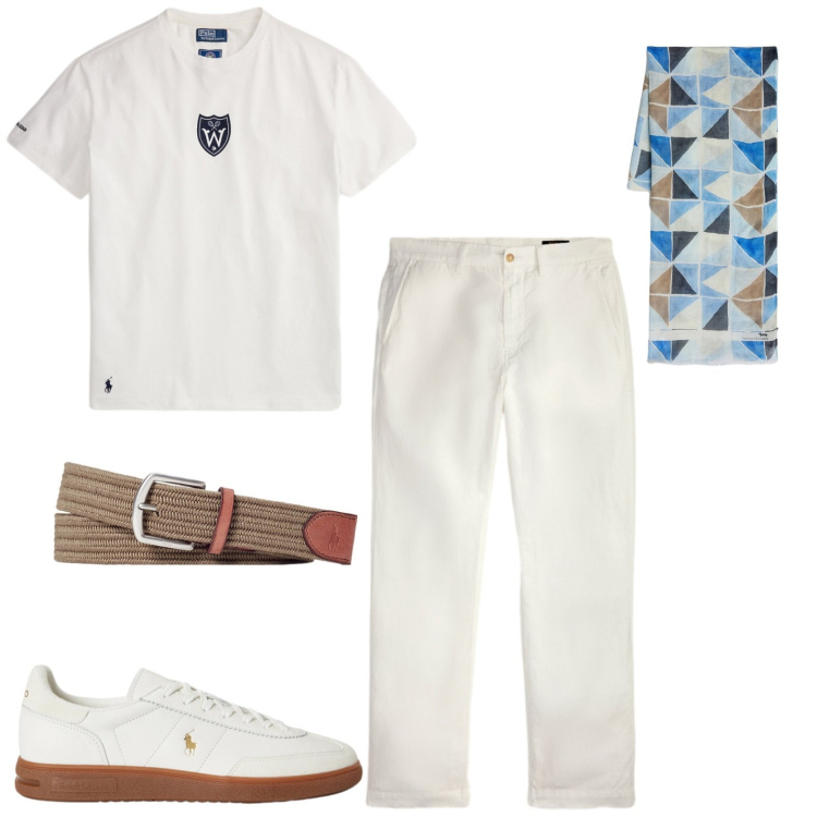 Outfit uomo - Total look bianco. Stile Trendy per Tutti i giorni. Abbinamento con sciarpe, cinture, pantaloni, t-shirt, sneakers.