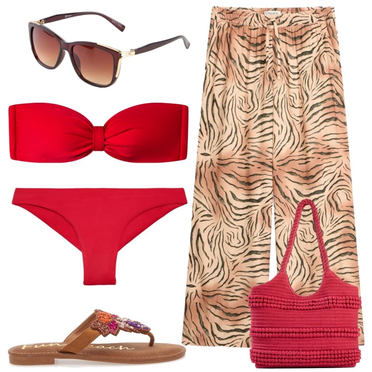 Outfit donna - Sun, swim and style. Stile Casual chic per Mare. Abbinamento con pantaloni, shopping bag, occhiali da sole, bikini, bikini, infradito.