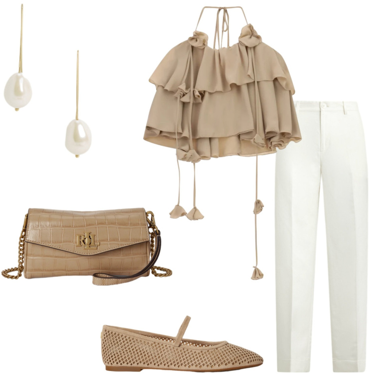Outfit donna - Drappeggi e ruches. Stile Casual chic per Serata fuori. Abbinamento con top, ballerine, portafogli, pantaloni, orecchini.