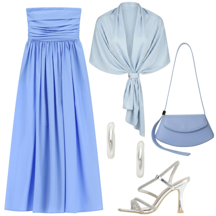 Outfit donna - Lunare. Stile Chic per Cerimonia. Abbinamento con stole, vestiti midi/longuette, sandali col tacco, borse a spalla, orecchini.