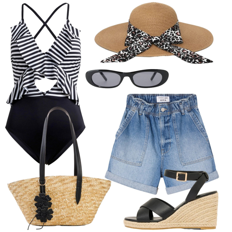Outfit donna - Stile e mare. Stile Glamour per Mare. Abbinamento con costumi interi, shopping bag, zeppe, shorts, cappelli, occhiali da sole.
