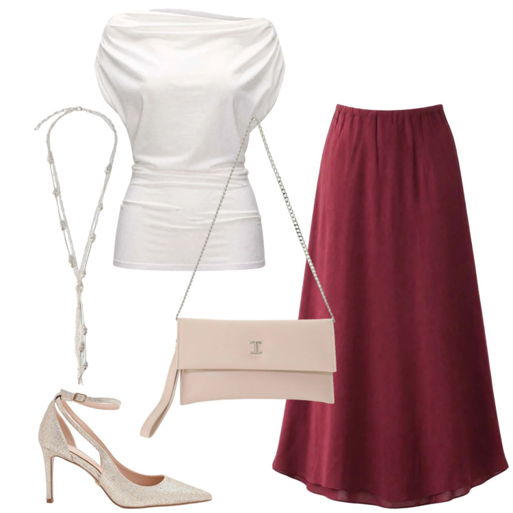 Outfit donna - Drappeggi. Stile Chic per Serata fuori. Abbinamento con top, gonne lunghe, collane, décolleté, borse a tracolla.