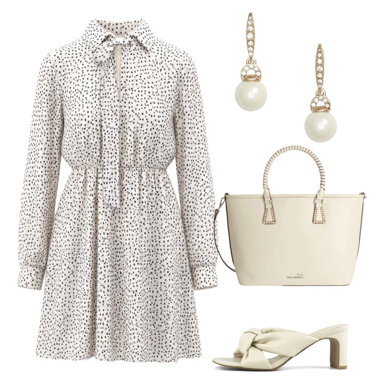 Outfit donna - Aria condizionata. Stile Casual chic per Ufficio. Abbinamento con vestiti corti, shopping bag, orecchini, sandali col tacco.