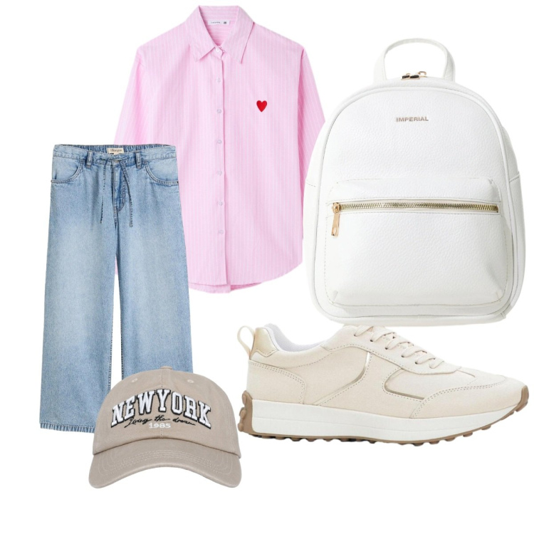 Outfit donna - Rientro a scuola. Stile Sporty chic per Scuola/Università. Abbinamento con zaini, cappelli con visiera, camicie, jeans, sneakers.