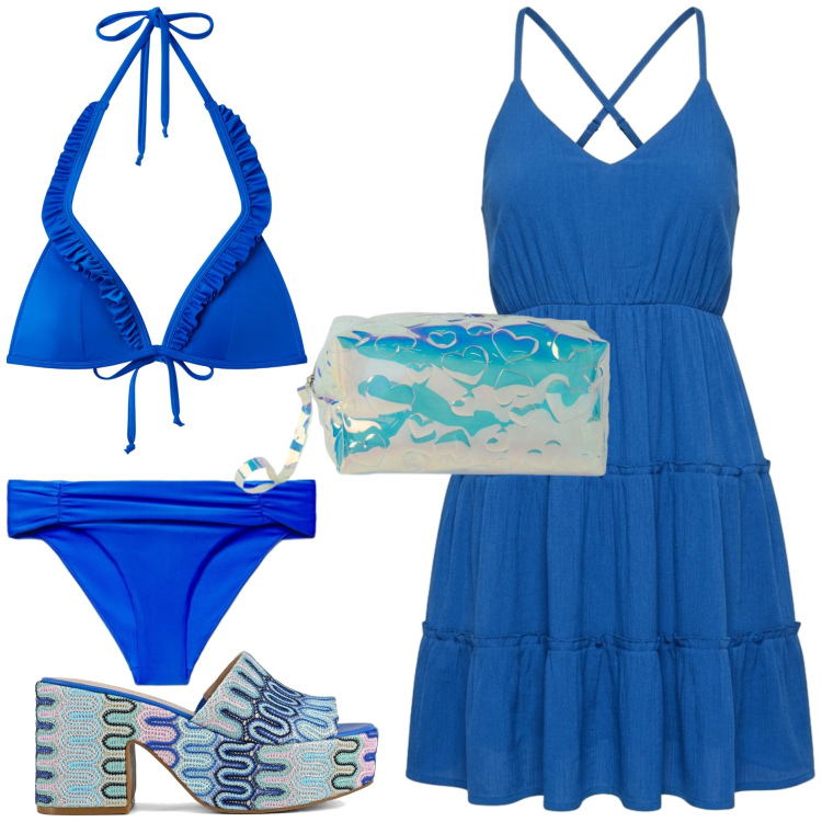 Outfit donna - Beachwear. Stile Basic per Tutti i giorni. Abbinamento con bikini, pochette, vestiti corti, bikini, sabot.