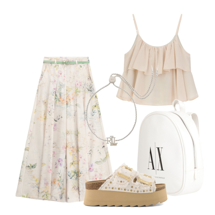 Outfit donna - Luglio. Stile Casual per Tutti i giorni. Abbinamento con zaini, pantaloni a palazzo, top, braccialetti, zeppe.