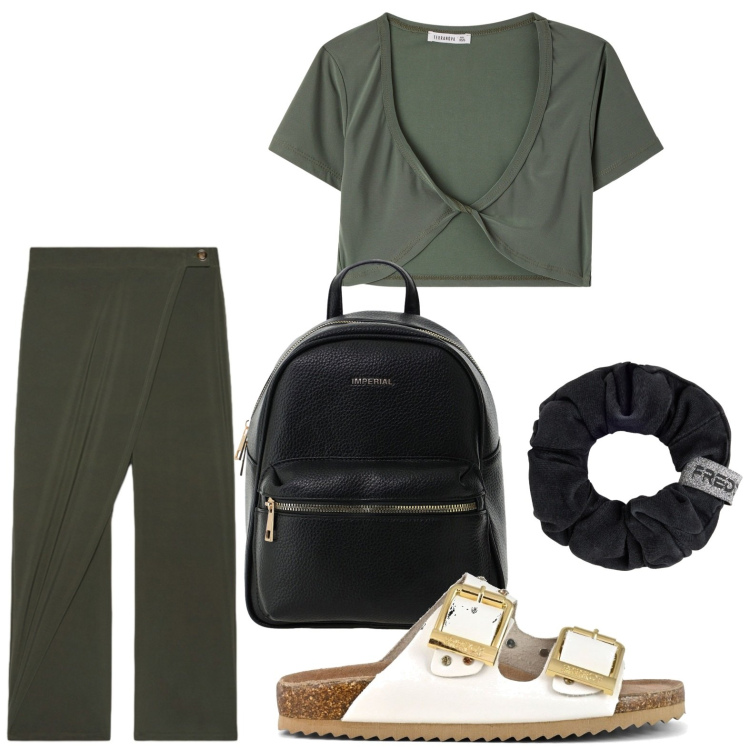 Outfit donna - Colore fresco. Stile Urban per Tutti i giorni. Abbinamento con top, zaini, pantaloni, accessori per capelli, sandali.