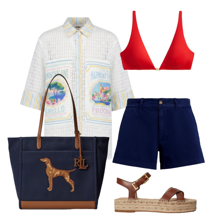Outfit donna - Luglio. Stile Trendy per Mare. Abbinamento con camicie a manica corta, shorts, espadrillas, bikini, borse tote.