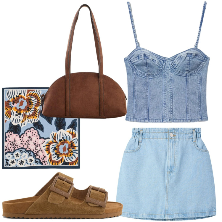Outfit donna - Look moderno. Stile Basic per Tutti i giorni. Abbinamento con borse a tracolla, foulard, minigonne, top, sandali in pelle.