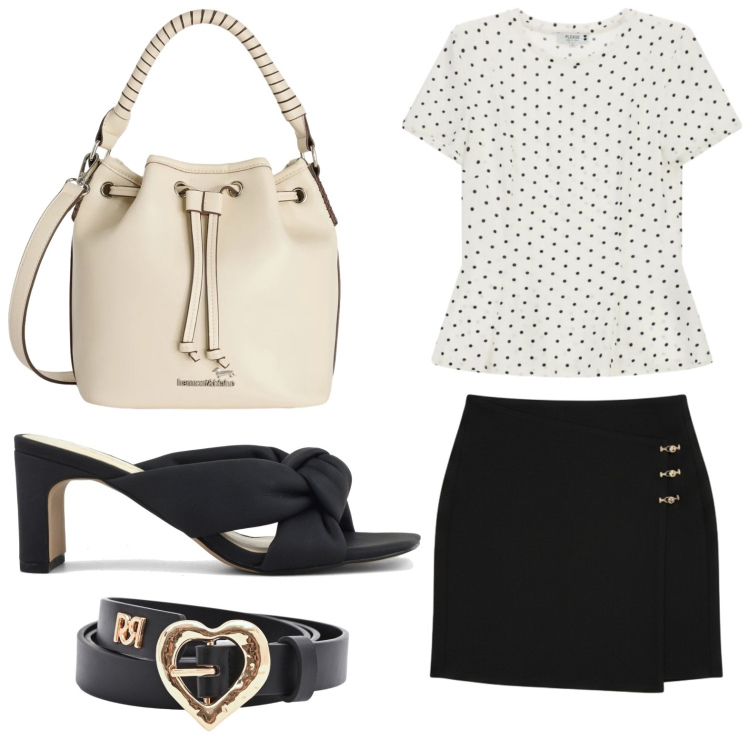 Outfit donna - Fantasia a pois. Stile Trendy per Tutti i giorni. Abbinamento con borse a secchiello, t-shirt, minigonne, cinture, sandali col tacco.