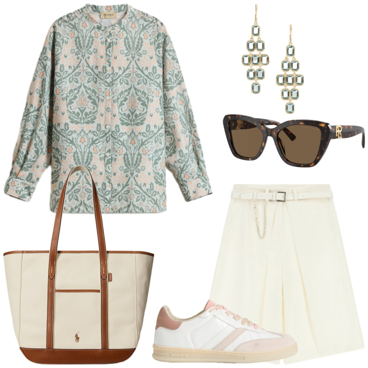 Outfit donna - Camicia comoda. Stile Casual chic per Tutti i giorni. Abbinamento con bermuda, occhiali da sole, borse tote, orecchini, camicie, sneakers.