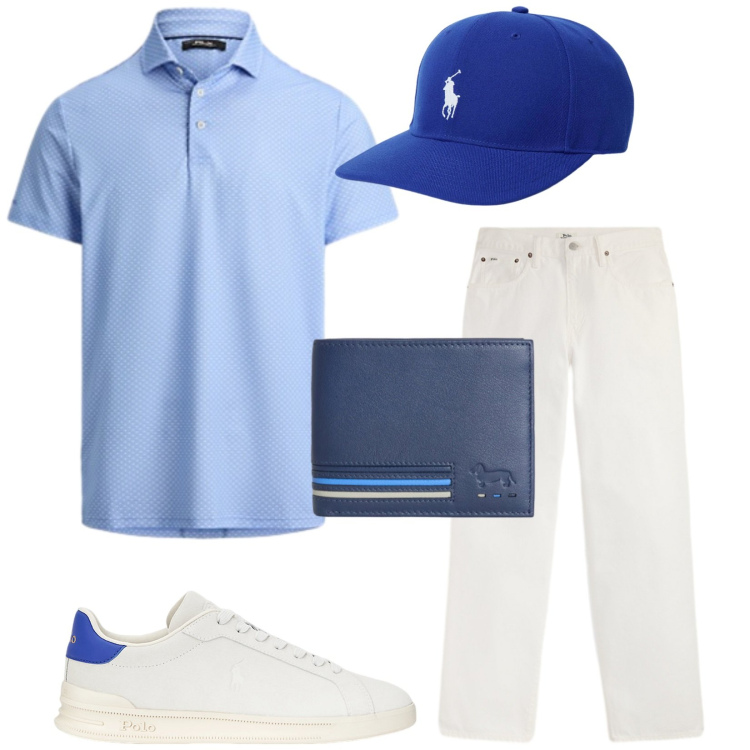 Outfit uomo - Deciso. Stile Trendy per Tutti i giorni. Abbinamento con portafogli, sneakers, jeans, polo, cappelli con visiera.