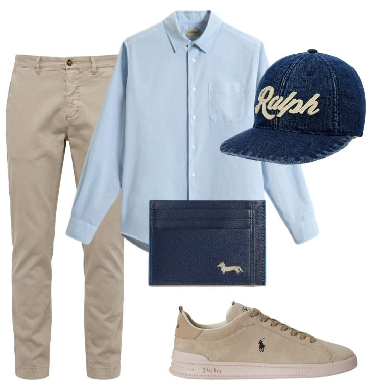 Outfit uomo - Raffaele. Stile Trendy per Tutti i giorni. Abbinamento con pantaloni chino, portafogli, camicie, sneakers, cappelli.