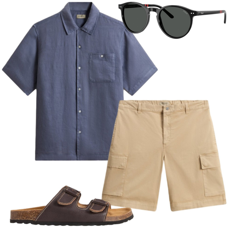 Outfit uomo - Total look #2435454. Stile Casual per Mare. Abbinamento con pantaloni corti, camicie a manica corta, sandali, occhiali da sole.