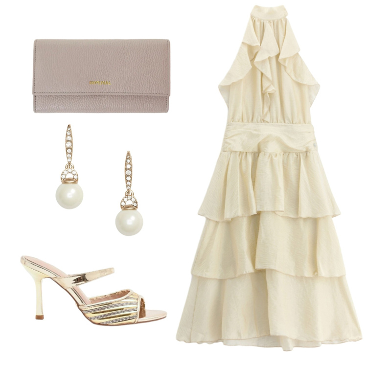 Outfit donna - Linea fluida e volant. Stile Chic per Cerimonia. Abbinamento con sabot, portafogli, vestiti midi/longuette, orecchini.