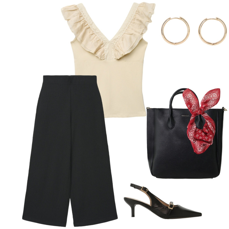 Outfit donna - Romantica. per Ufficio. Abbinamento con orecchini, canottiere, pantaloni a palazzo, foulard, sandali col tacco, borse a tracolla.