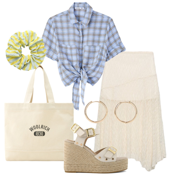 Outfit donna - Luglio. Stile Trendy per Tutti i giorni. Abbinamento con orecchini, gonne longuette, accessori per capelli, camicie a manica corta, borse tote, zeppe.